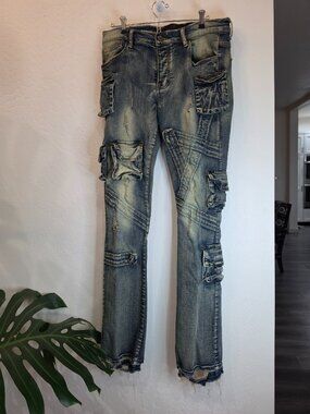 Valabasas Blue Wash Multi-Pocket Stacked Cargo Jeans Distressed 34x36